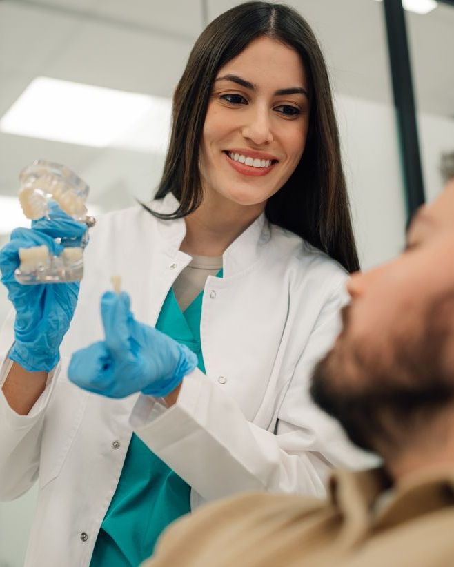 Dentist holding a jaw model while explaining it to a seated patient